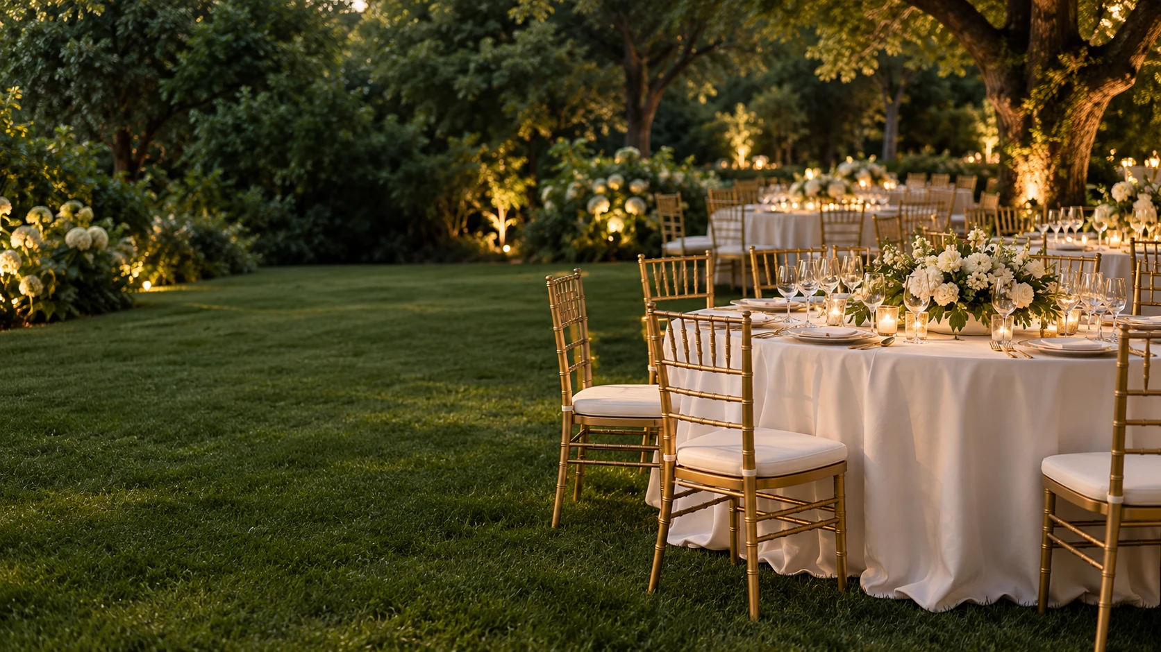 Wedding inspiration: ivory reception tables and gold chairs in an evening garden